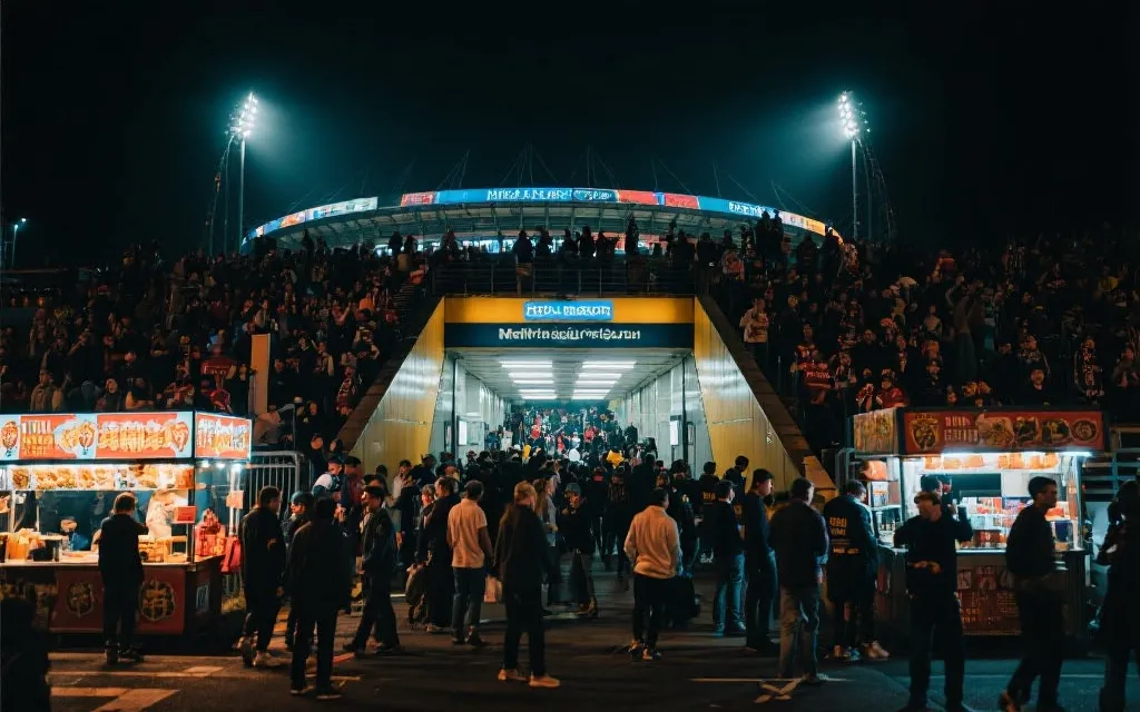 夜晚球场周边散场人流，地铁站入口与街边餐车氛围